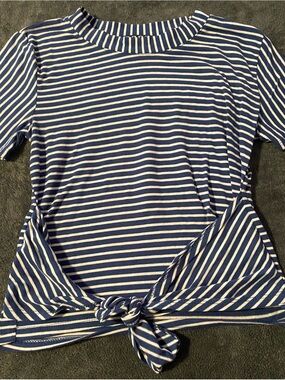 Poof! Blue and White Striped Tie-Front Short Sleeve Top